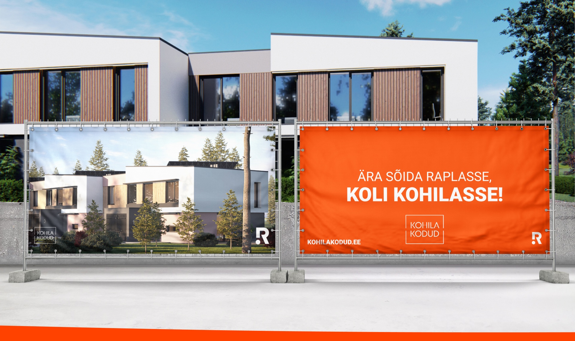 Julge oranž bänner sõnumiga „Ära sõida Raplasse, koli Kohilasse!“ uusarenduse ees.