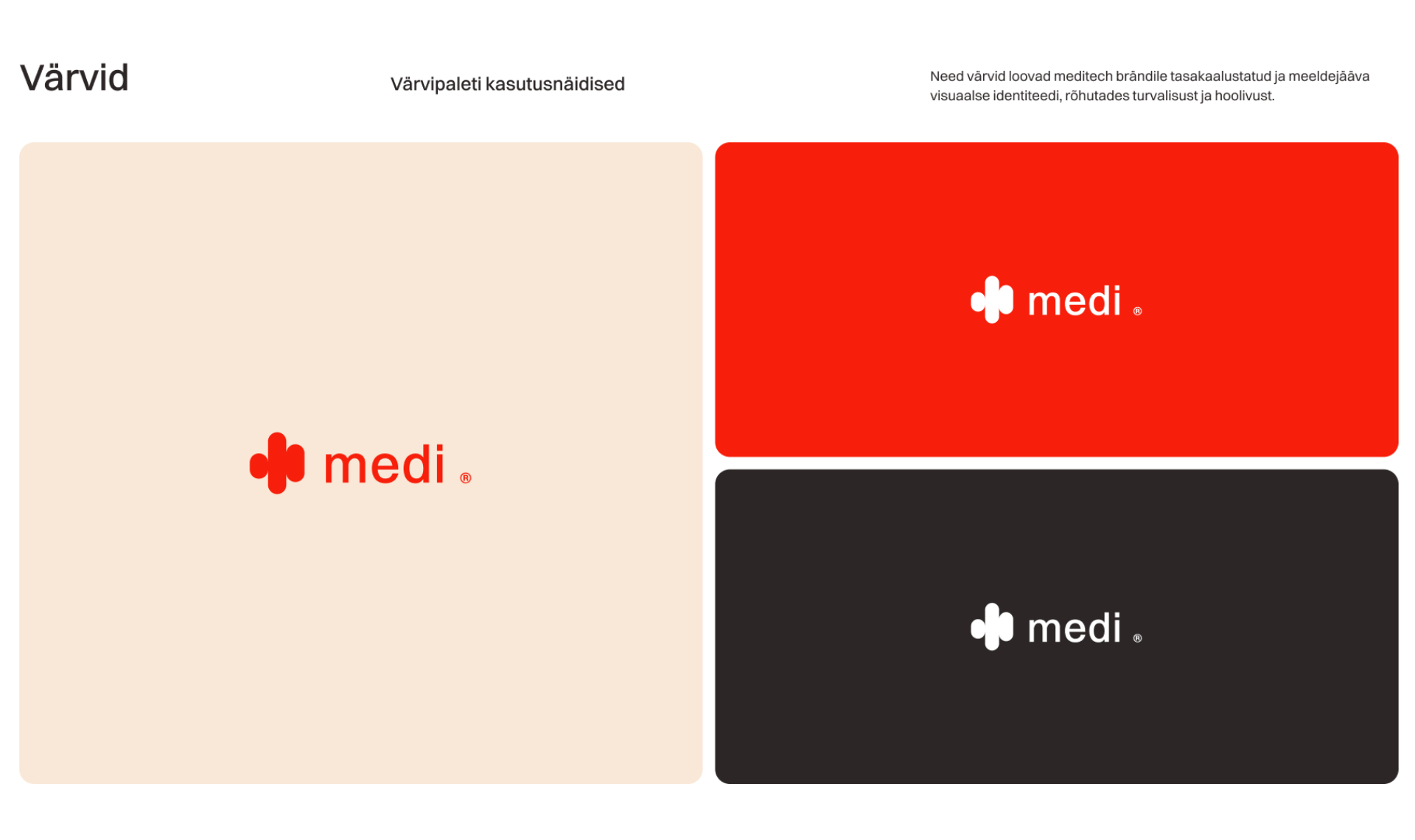 Medi värvipalett – punane, liivatoon ja tumehall brändiidentiteedi kandjatena.